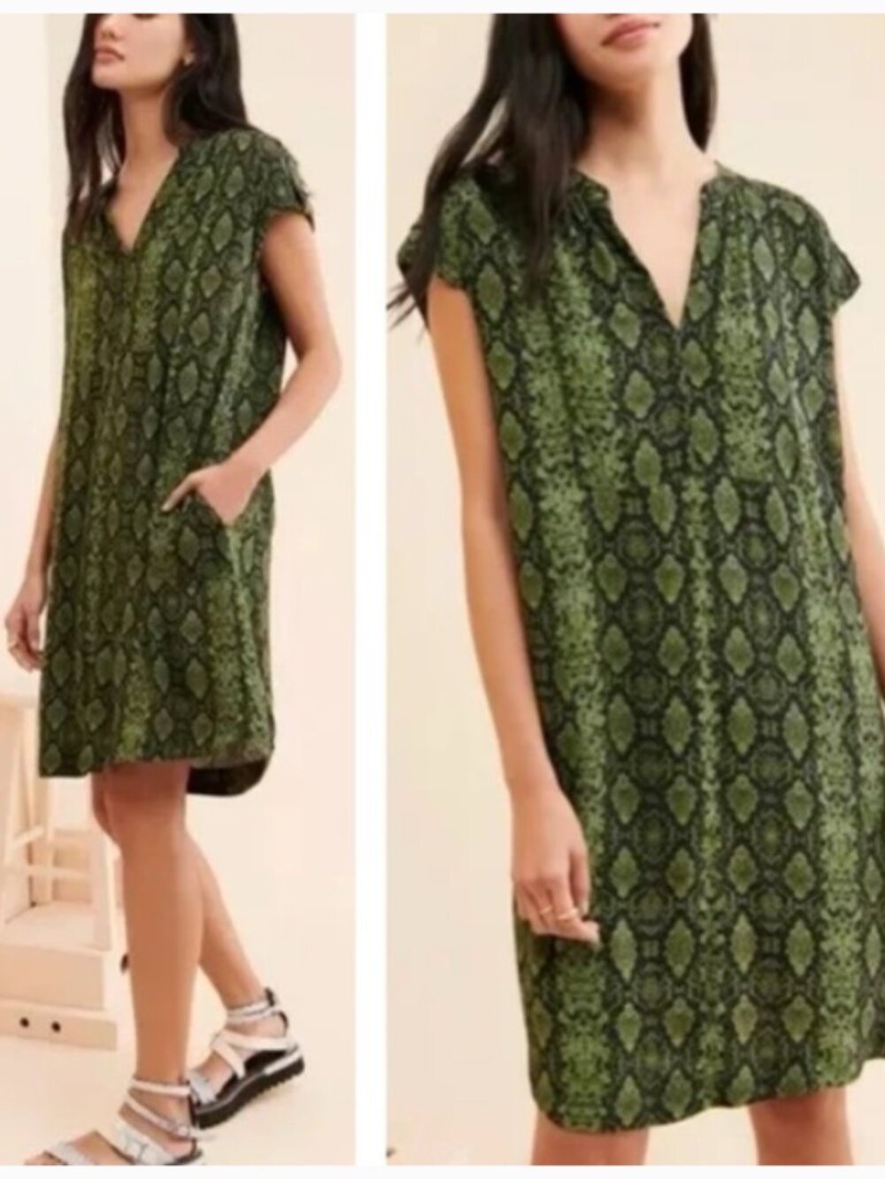 NWT Anthropologie Rachel Tunic Dress Snake Print Green Black Women's XS Loose